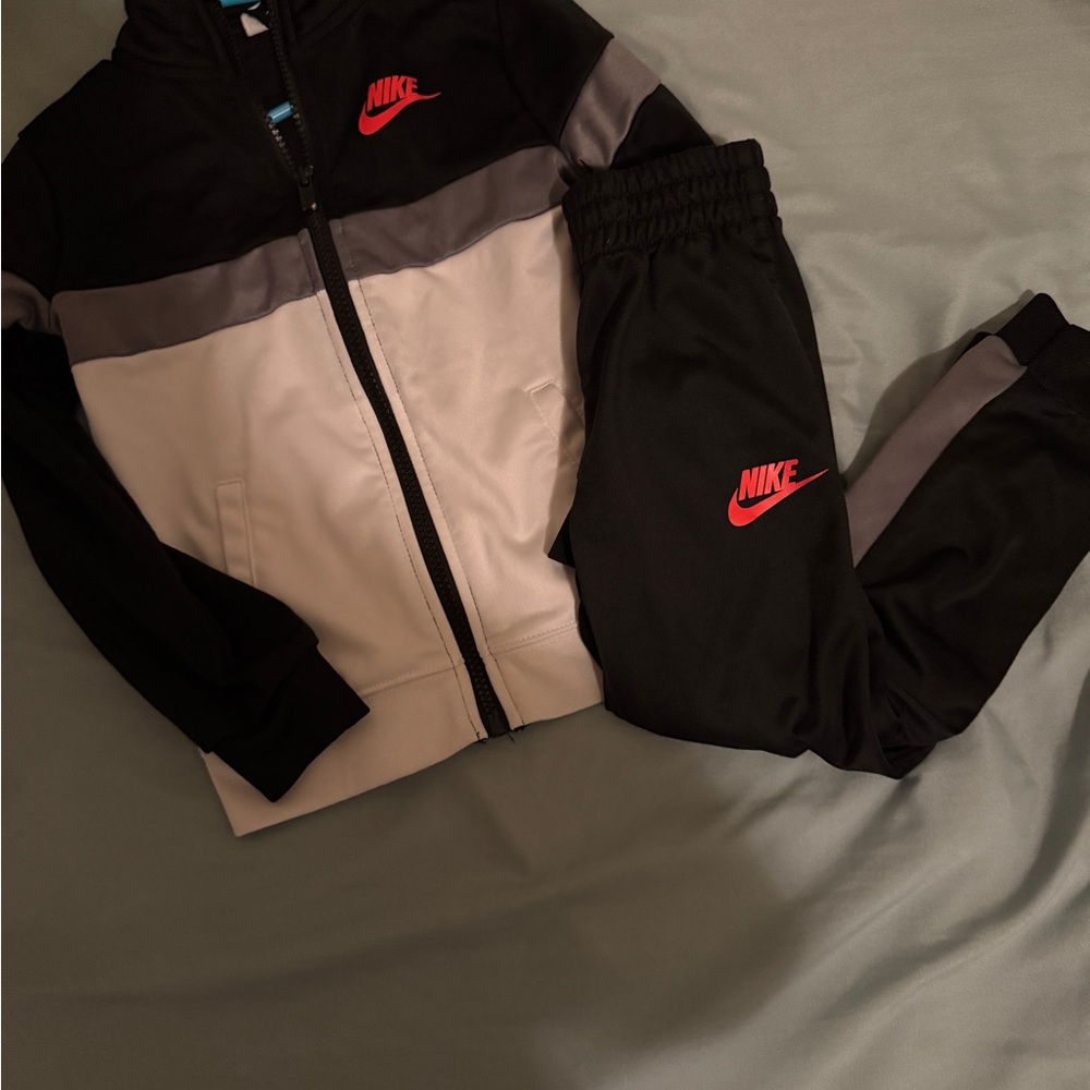 Nike Kids Black and Gray Joggers with Red Logo